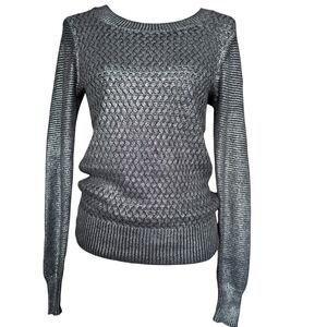 Bebe Silver Metallic Black Basket Knit Sweater M
